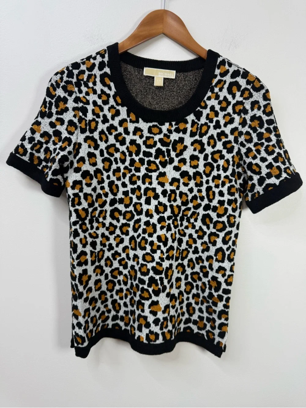 Michael Kors Leopard Print Short knit Sleeve Top - Black, Tan